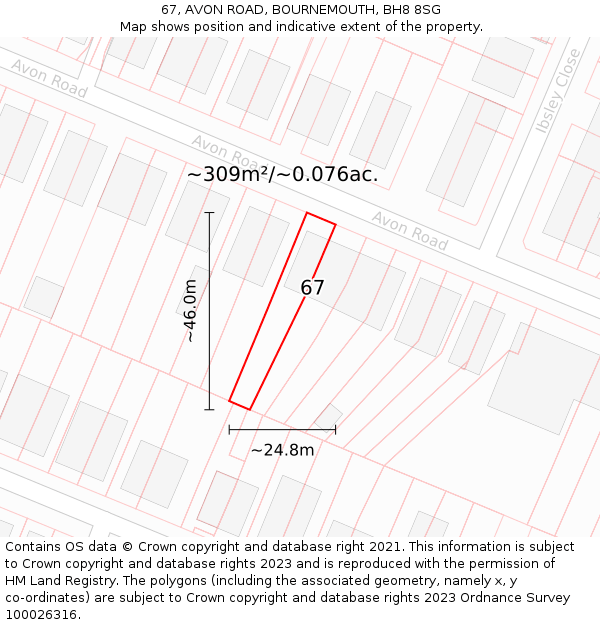 67, AVON ROAD, BOURNEMOUTH, BH8 8SG: Plot and title map