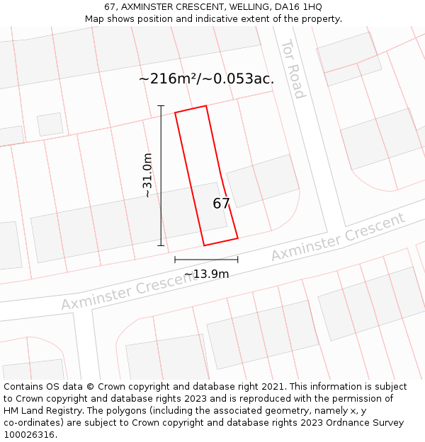 67, AXMINSTER CRESCENT, WELLING, DA16 1HQ: Plot and title map