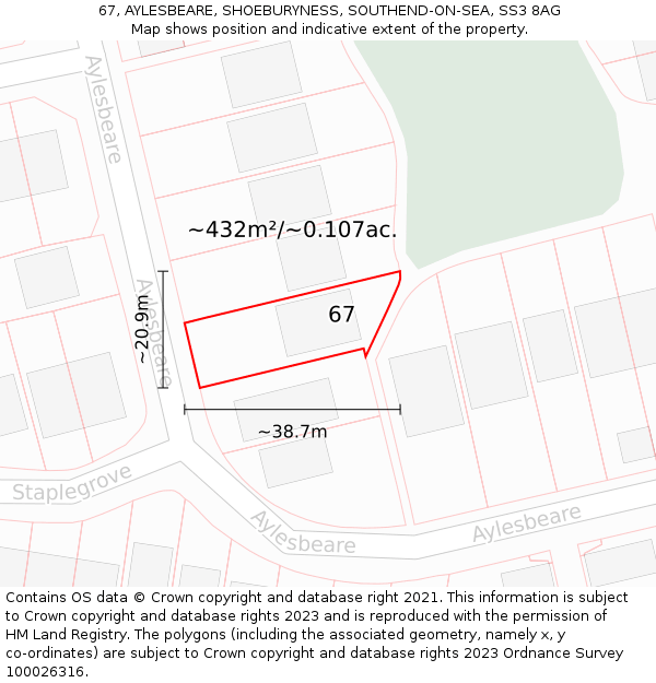 67, AYLESBEARE, SHOEBURYNESS, SOUTHEND-ON-SEA, SS3 8AG: Plot and title map