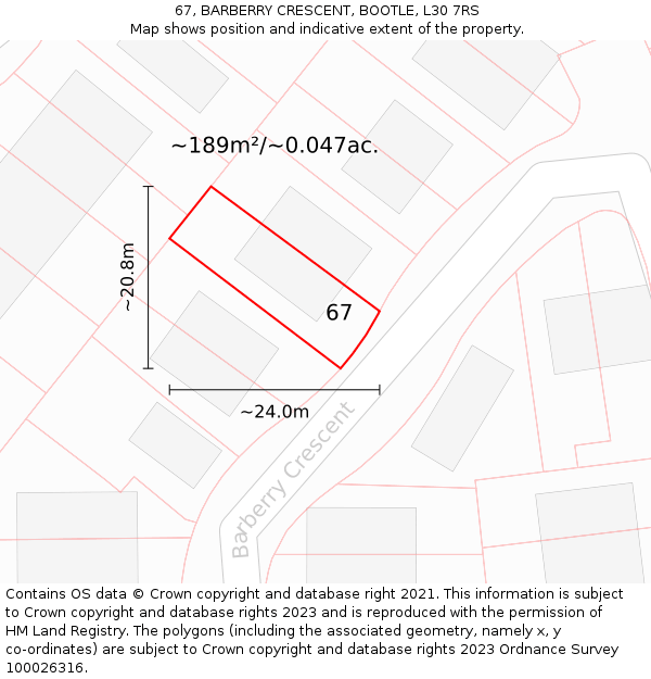 67, BARBERRY CRESCENT, BOOTLE, L30 7RS: Plot and title map