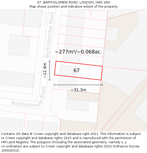 67, BARTHOLOMEW ROAD, LONDON, NW5 2AH: Plot and title map