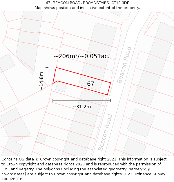 67, BEACON ROAD, BROADSTAIRS, CT10 3DF: Plot and title map