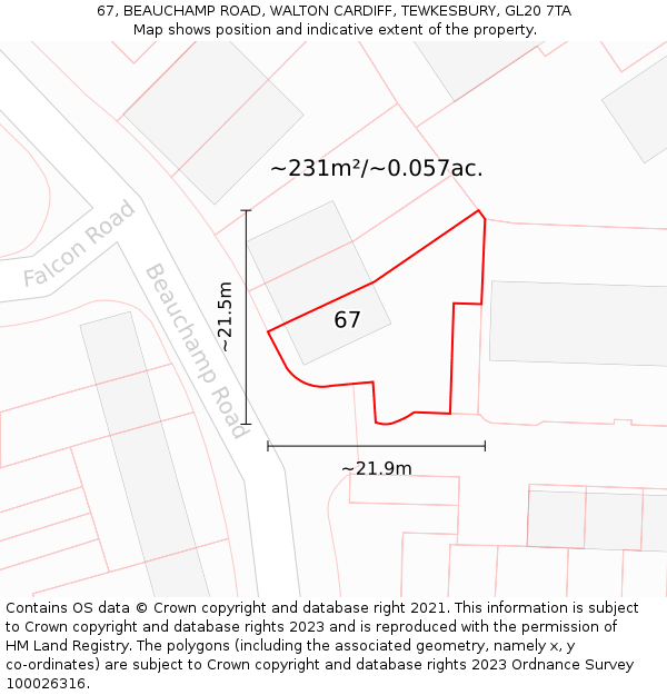 67, BEAUCHAMP ROAD, WALTON CARDIFF, TEWKESBURY, GL20 7TA: Plot and title map