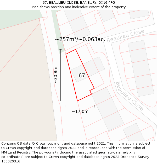 67, BEAULIEU CLOSE, BANBURY, OX16 4FG: Plot and title map