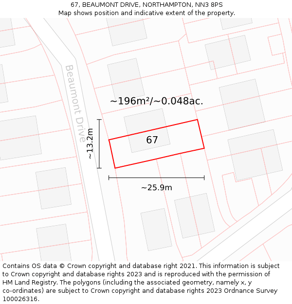 67, BEAUMONT DRIVE, NORTHAMPTON, NN3 8PS: Plot and title map