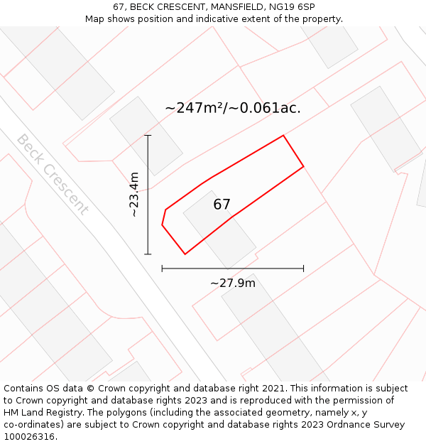 67, BECK CRESCENT, MANSFIELD, NG19 6SP: Plot and title map