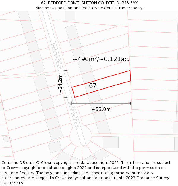 67, BEDFORD DRIVE, SUTTON COLDFIELD, B75 6AX: Plot and title map