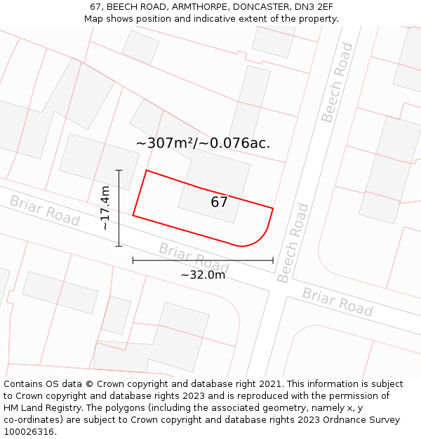 67, BEECH ROAD, ARMTHORPE, DONCASTER, DN3 2EF: Plot and title map