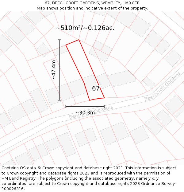 67, BEECHCROFT GARDENS, WEMBLEY, HA9 8ER: Plot and title map