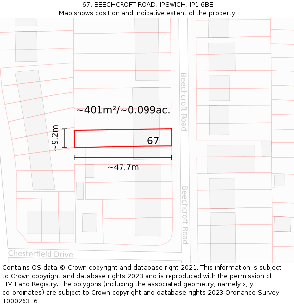 67, BEECHCROFT ROAD, IPSWICH, IP1 6BE: Plot and title map