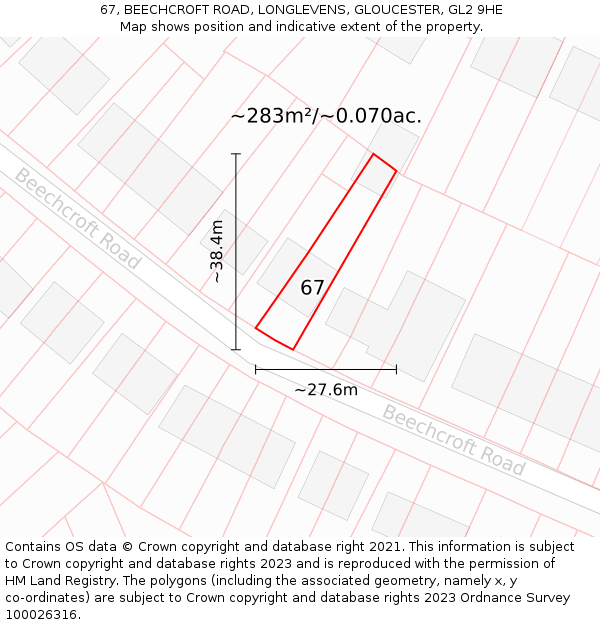 67, BEECHCROFT ROAD, LONGLEVENS, GLOUCESTER, GL2 9HE: Plot and title map