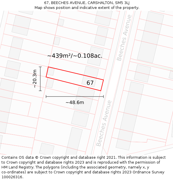 67, BEECHES AVENUE, CARSHALTON, SM5 3LJ: Plot and title map