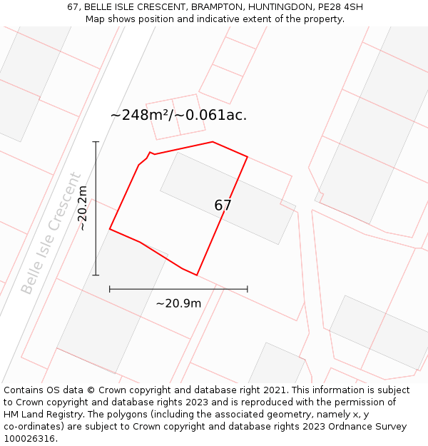 67, BELLE ISLE CRESCENT, BRAMPTON, HUNTINGDON, PE28 4SH: Plot and title map