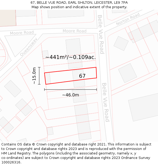 67, BELLE VUE ROAD, EARL SHILTON, LEICESTER, LE9 7PA: Plot and title map