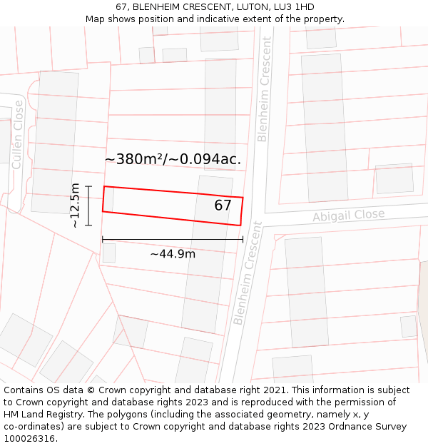 67, BLENHEIM CRESCENT, LUTON, LU3 1HD: Plot and title map