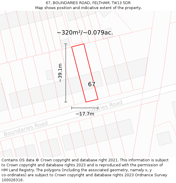 67, BOUNDARIES ROAD, FELTHAM, TW13 5DR: Plot and title map