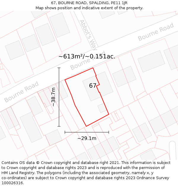 67, BOURNE ROAD, SPALDING, PE11 1JR: Plot and title map