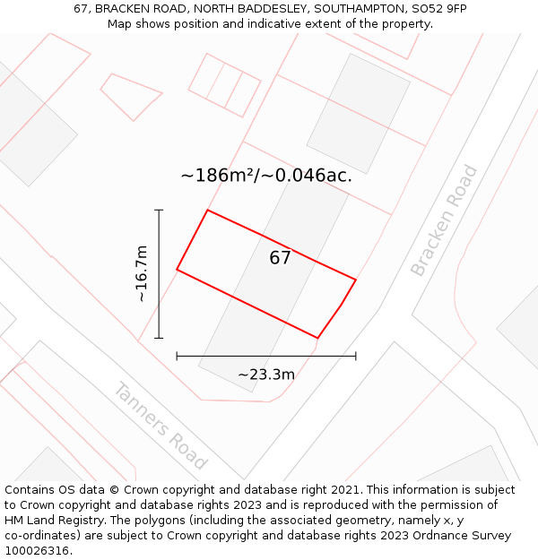 67, BRACKEN ROAD, NORTH BADDESLEY, SOUTHAMPTON, SO52 9FP: Plot and title map
