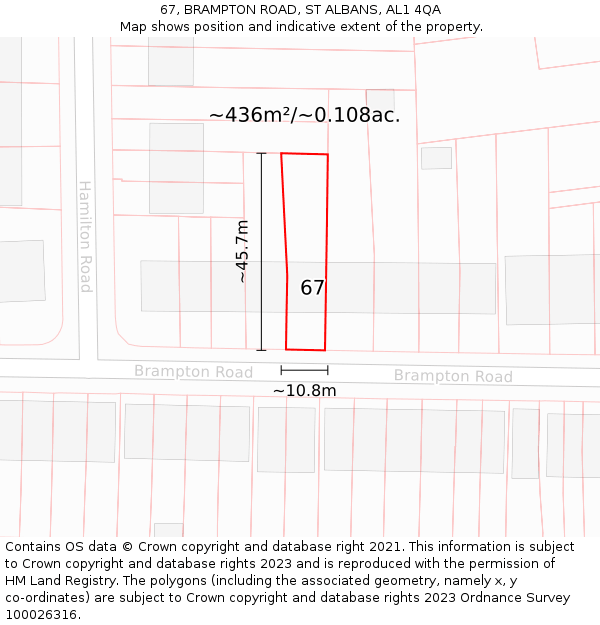 67, BRAMPTON ROAD, ST ALBANS, AL1 4QA: Plot and title map