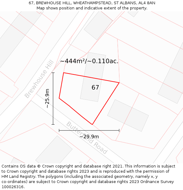 67, BREWHOUSE HILL, WHEATHAMPSTEAD, ST ALBANS, AL4 8AN: Plot and title map