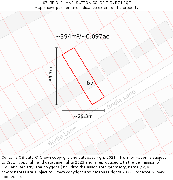 67, BRIDLE LANE, SUTTON COLDFIELD, B74 3QE: Plot and title map