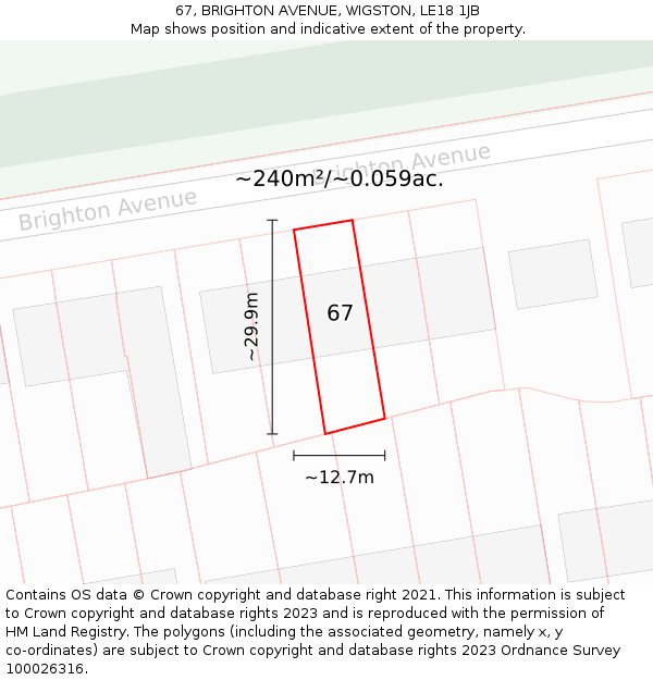 67, BRIGHTON AVENUE, WIGSTON, LE18 1JB: Plot and title map