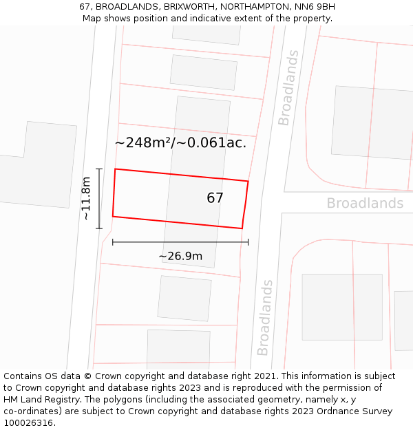 67, BROADLANDS, BRIXWORTH, NORTHAMPTON, NN6 9BH: Plot and title map
