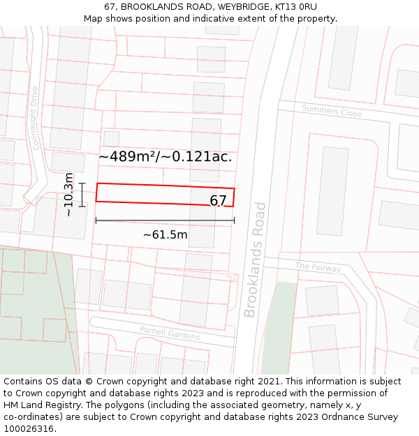 67, BROOKLANDS ROAD, WEYBRIDGE, KT13 0RU: Plot and title map