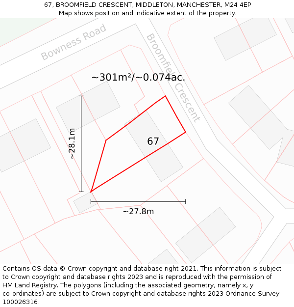 67, BROOMFIELD CRESCENT, MIDDLETON, MANCHESTER, M24 4EP: Plot and title map