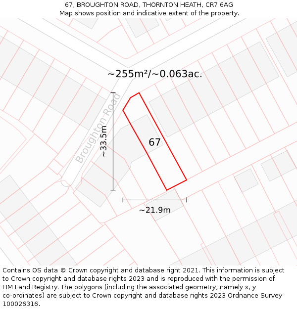 67, BROUGHTON ROAD, THORNTON HEATH, CR7 6AG: Plot and title map