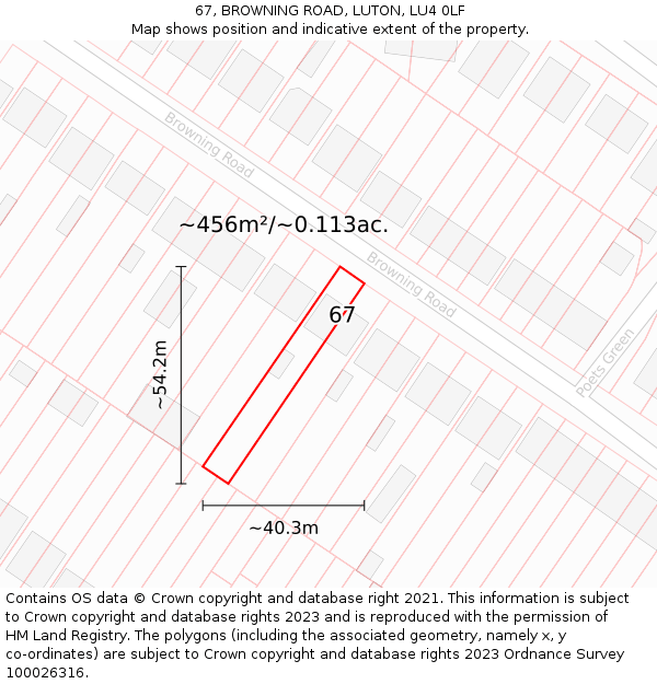 67, BROWNING ROAD, LUTON, LU4 0LF: Plot and title map