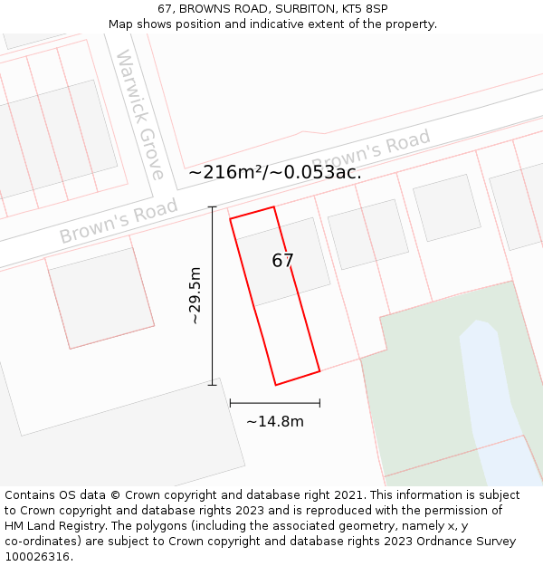 67, BROWNS ROAD, SURBITON, KT5 8SP: Plot and title map