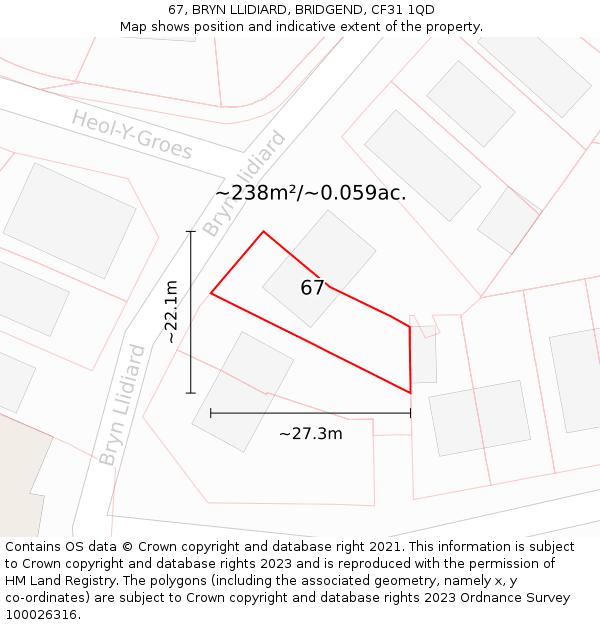67, BRYN LLIDIARD, BRIDGEND, CF31 1QD: Plot and title map