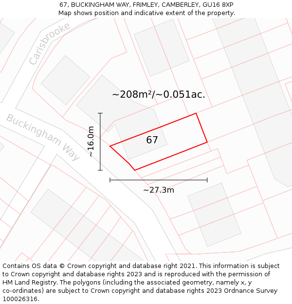 67, BUCKINGHAM WAY, FRIMLEY, CAMBERLEY, GU16 8XP: Plot and title map