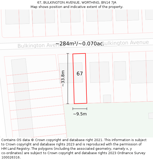 67, BULKINGTON AVENUE, WORTHING, BN14 7JA: Plot and title map