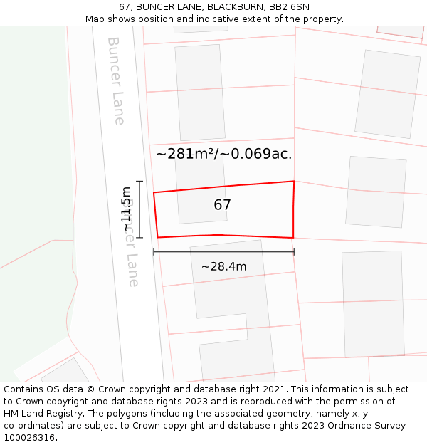 67, BUNCER LANE, BLACKBURN, BB2 6SN: Plot and title map