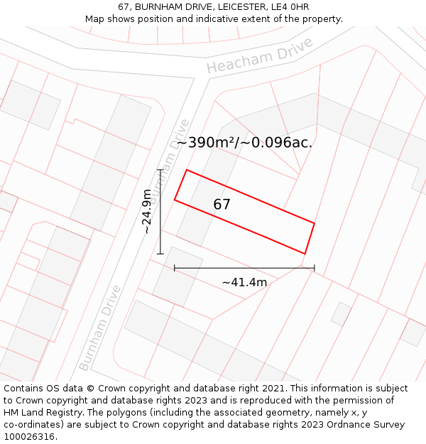 67, BURNHAM DRIVE, LEICESTER, LE4 0HR: Plot and title map