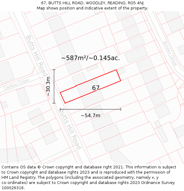 67, BUTTS HILL ROAD, WOODLEY, READING, RG5 4NJ: Plot and title map
