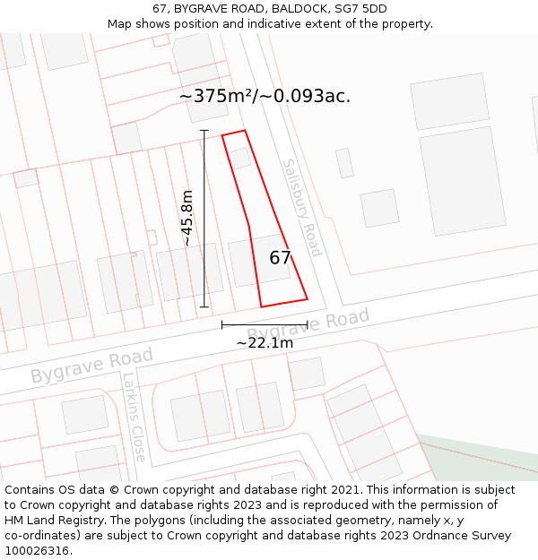 67, BYGRAVE ROAD, BALDOCK, SG7 5DD: Plot and title map