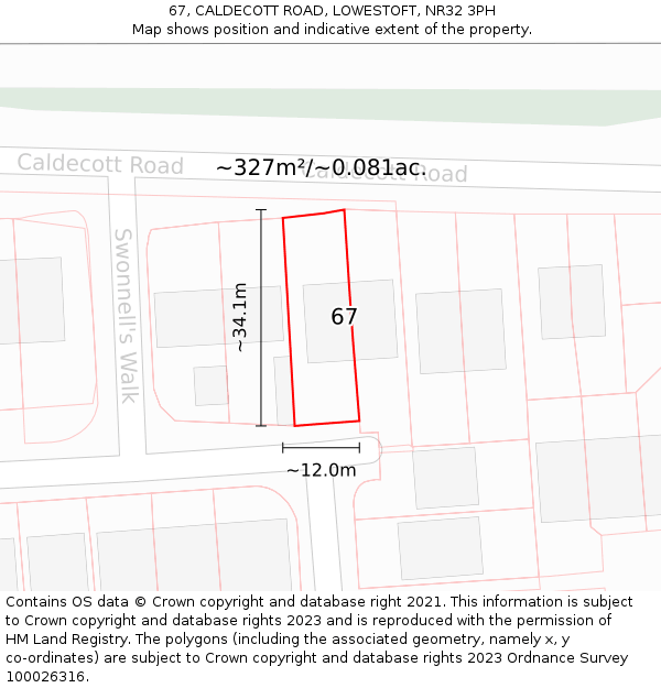 67, CALDECOTT ROAD, LOWESTOFT, NR32 3PH: Plot and title map