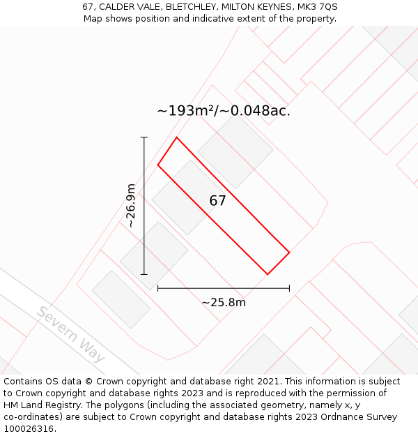 67, CALDER VALE, BLETCHLEY, MILTON KEYNES, MK3 7QS: Plot and title map