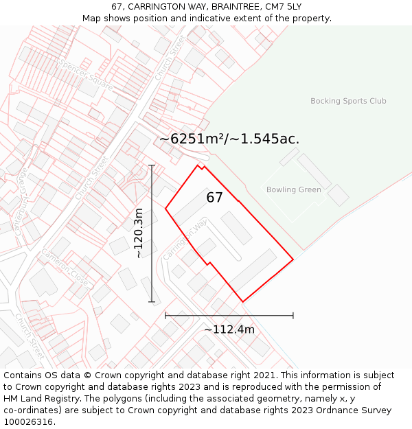 67, CARRINGTON WAY, BRAINTREE, CM7 5LY: Plot and title map