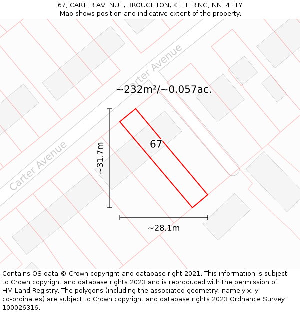67, CARTER AVENUE, BROUGHTON, KETTERING, NN14 1LY: Plot and title map