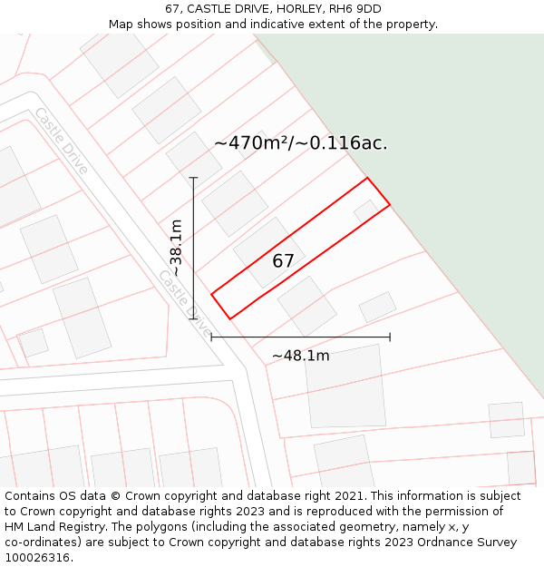 67, CASTLE DRIVE, HORLEY, RH6 9DD: Plot and title map