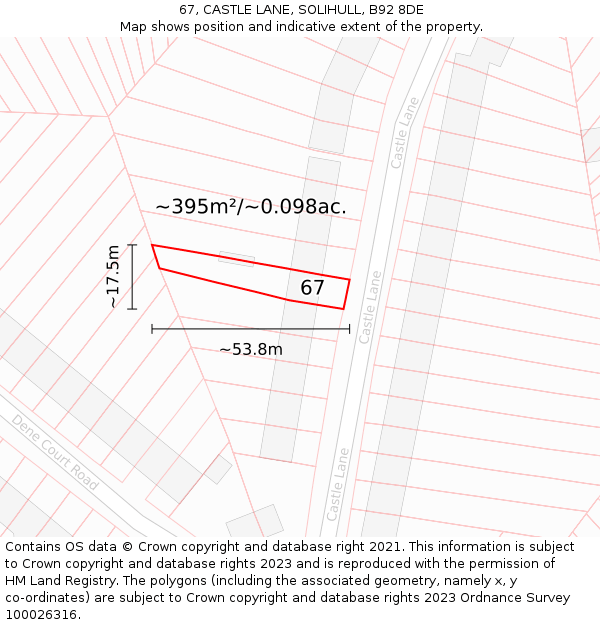 67, CASTLE LANE, SOLIHULL, B92 8DE: Plot and title map