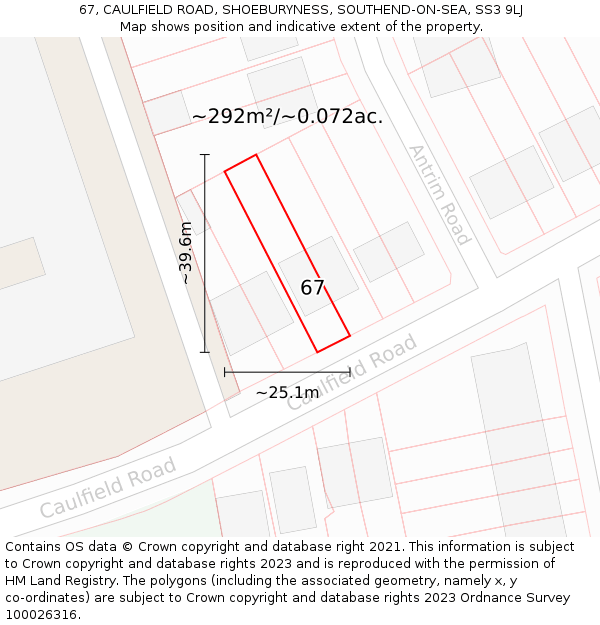 67, CAULFIELD ROAD, SHOEBURYNESS, SOUTHEND-ON-SEA, SS3 9LJ: Plot and title map