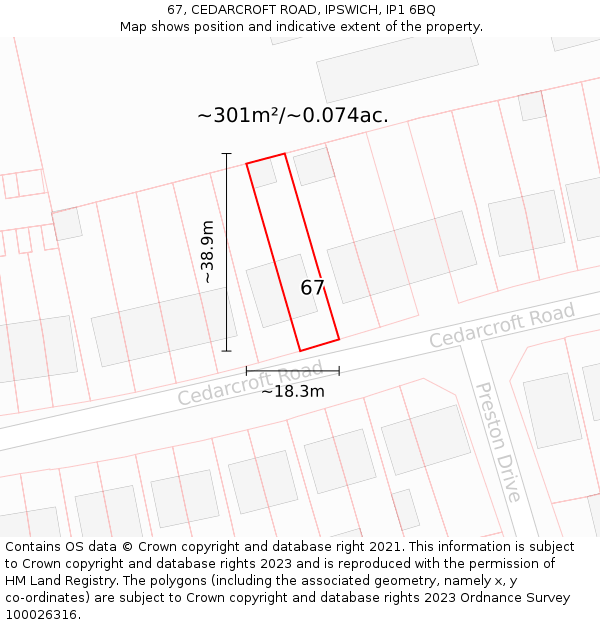 67, CEDARCROFT ROAD, IPSWICH, IP1 6BQ: Plot and title map