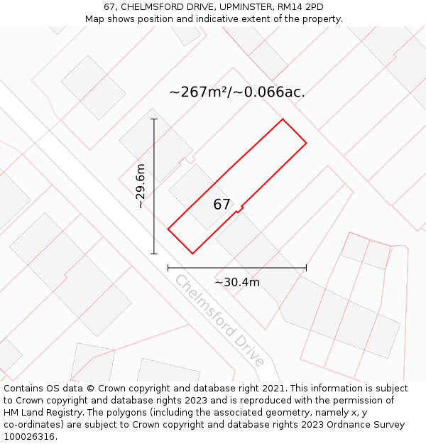 67, CHELMSFORD DRIVE, UPMINSTER, RM14 2PD: Plot and title map