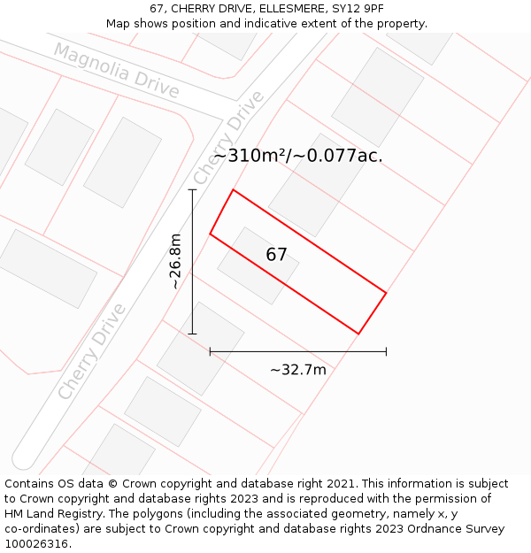 67, CHERRY DRIVE, ELLESMERE, SY12 9PF: Plot and title map