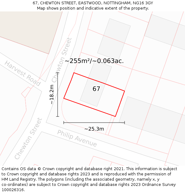67, CHEWTON STREET, EASTWOOD, NOTTINGHAM, NG16 3GY: Plot and title map